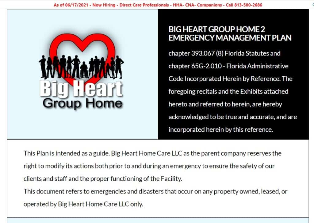 big heart group home emergency management plan