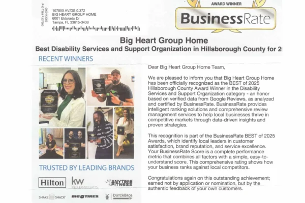 Big Heart Group Home BusinessRate Best of 2025 and 2026 Award — Best Disability Services and Support Organization in Hillsborough County Florida