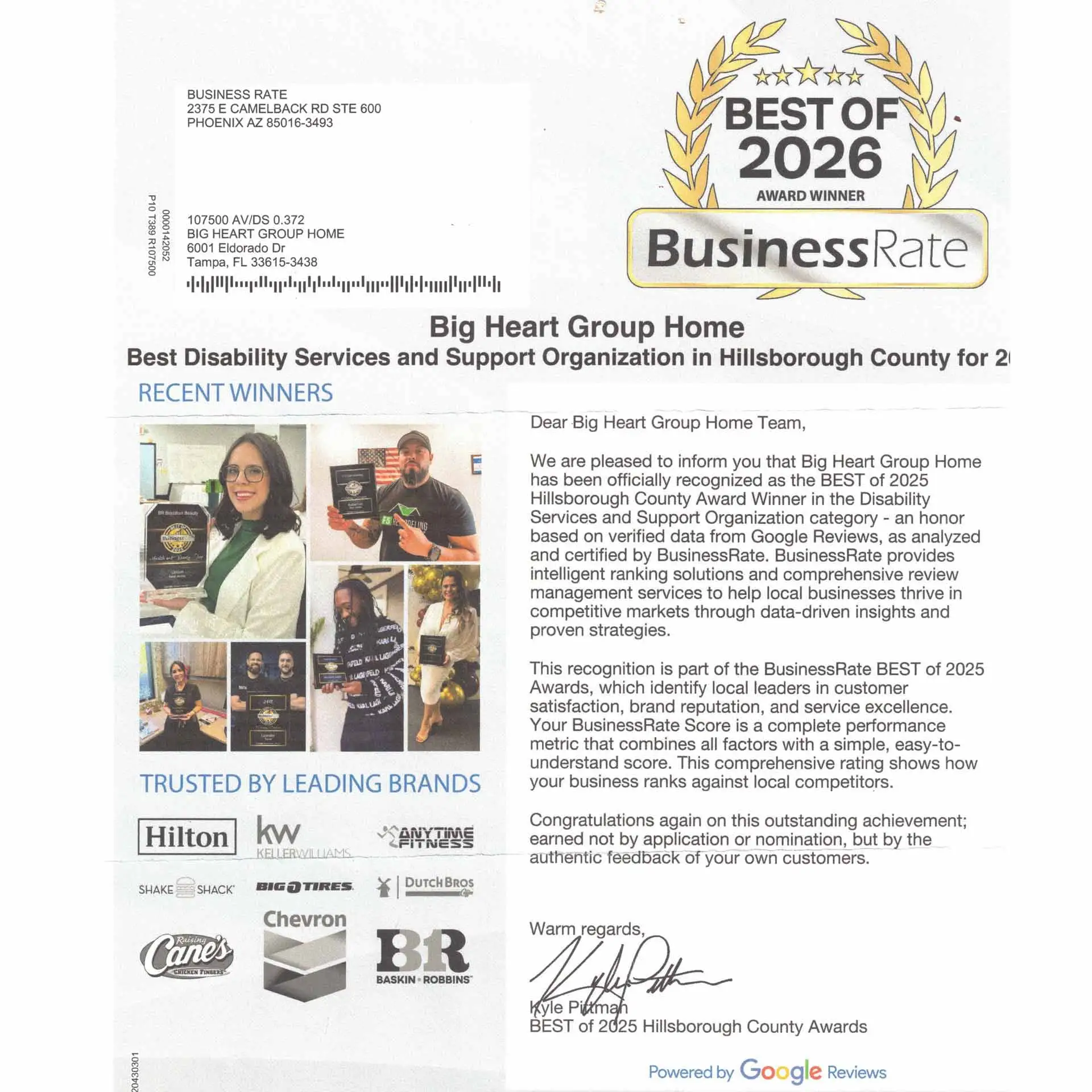 Big Heart Group Home BusinessRate Best of 2025 and 2026 Award — Best Disability Services and Support Organization in Hillsborough County Florida